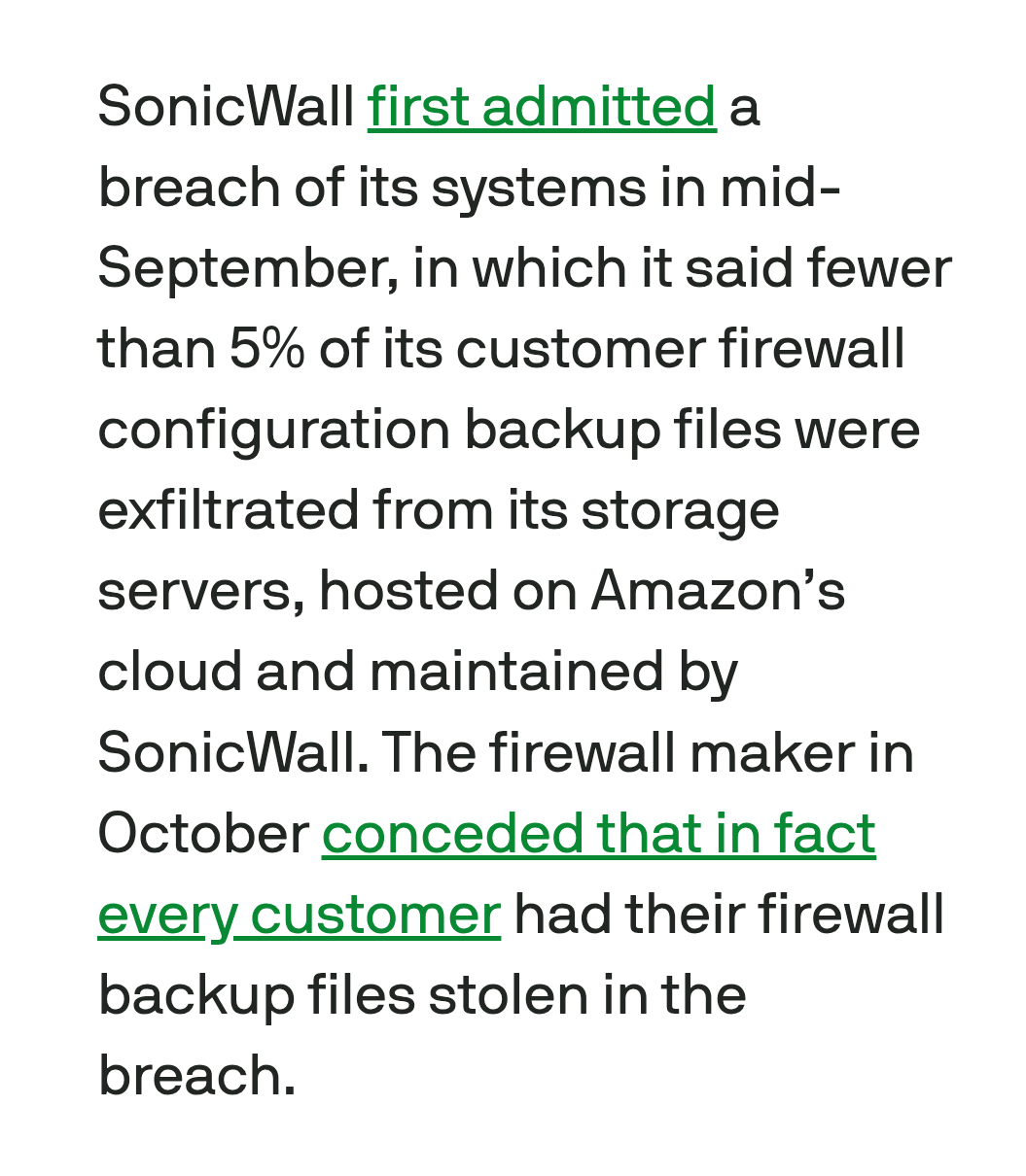 SonicWall first admitted a
breach of its systems in mid-
September, in which it said fewer
than 5% of its customer firewall
configuration backup files were
exfiltrated from its storage
servers, hosted on Amazon’s
cloud and maintained by
SonicWall. The firewall maker in
October conceded that in fact
every customer had their firewall
backup files stolen in the
breach.