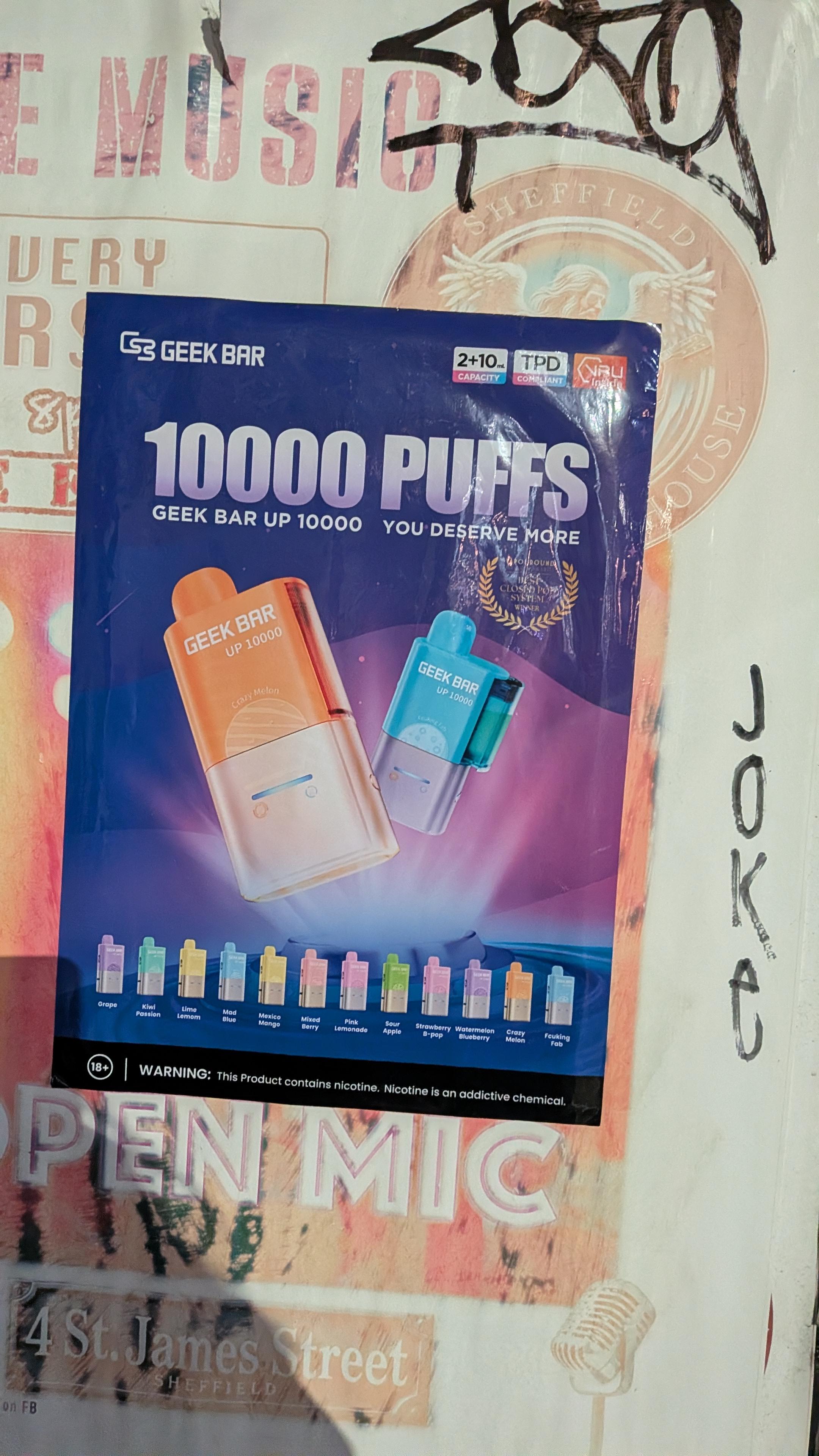 Poster advertising a "vape" .. it says "10000 puffs"